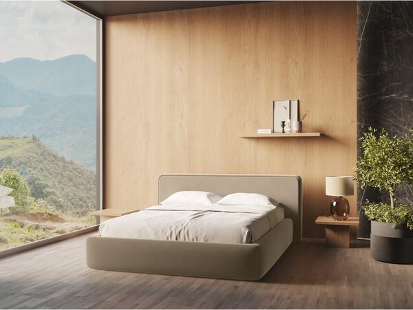 Svetlohnedá čalúnená dvojlôžková posteľ s úložným priestorom s roštom 160x200 cm Kiana – Makamii