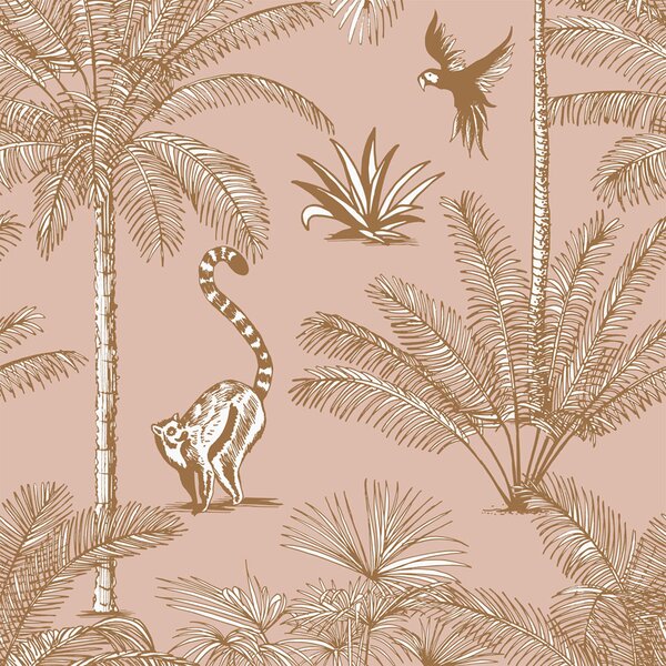 Vliesová ružová tapeta - opice, palmy, tropické listy, 158943, Paradise, Esta Home