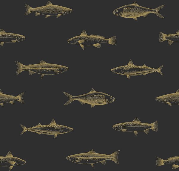 Vliesová čierna tapeta so zlatými rybami 139124, Black & White, Esta