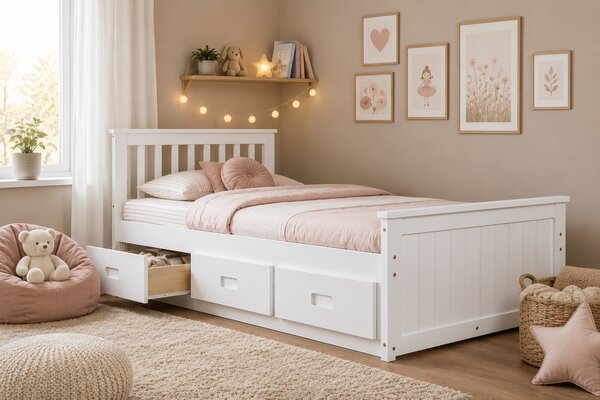 Jednolôžková drevená posteľ LEMOS 90 + zásuvky, biela