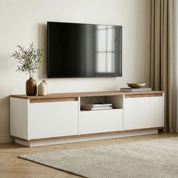 Biely/v prírodnej farbe TV stolík v dekore borovice 160x42x30 cm Sentinel – Kalune Design