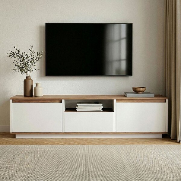 Biely/v prírodnej farbe TV stolík v dekore borovice 160x42x30 cm Sentinel – Kalune Design