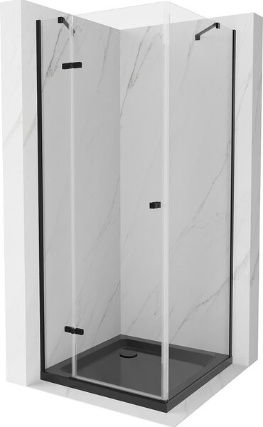 Mexen Roma, sprchovací kút s 1-krídlovými dverami 80 (dvere) x 80 (stena) cm, 6mm číre sklo, čierny profil, slim sprchová vanička 5cm čierna s čiernym sifónom, 854-080-080-70-00-4070B