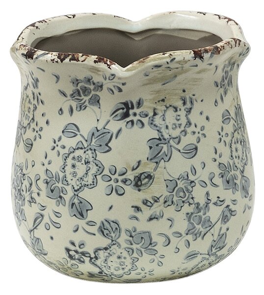 Retro béžový kvetináč so šedými kvetmi Alana M - Ø 15*14 cm - Clayre & Eef
