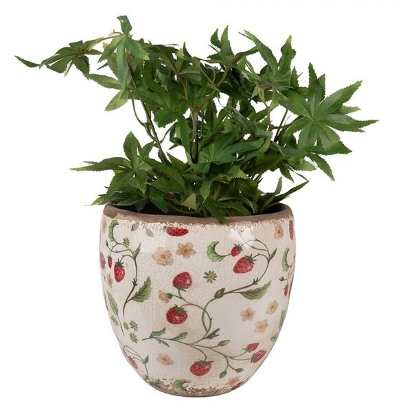 Béžový keramický obal na kvetináč s jahôdkami Wild Strawberries L - Ø 18*18cm - Clayre & Eef