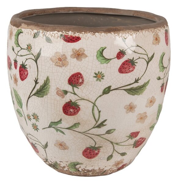Béžový keramický obal na kvetináč s jahôdkami Wild Strawberries L - Ø 18*18cm - Clayre & Eef