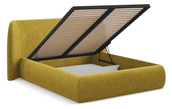 Čalúnená dvojlôžková posteľ s úložným priestorom s roštom 160x200 cm v horčicovej farbe Hauke – Makamii