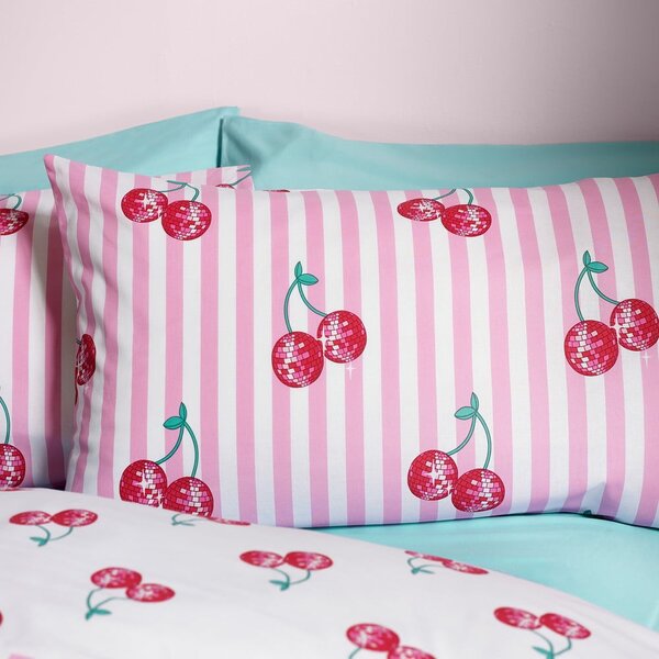 Biele/ružové obliečky na dvojlôžko 200x200 cm Disco Cherries Stripes – Catherine Lansfield