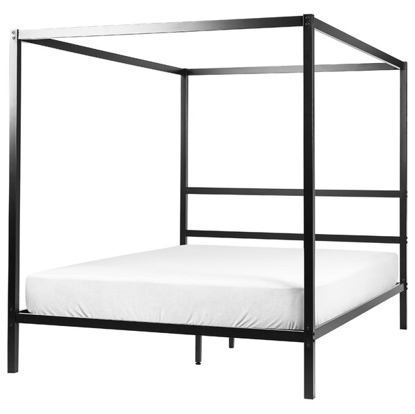 Rám postele s baldachýnom čierny kov 160 x 200 cm dvojlôžko preglejkové lamely industriálny minimalistický štýl spálňa