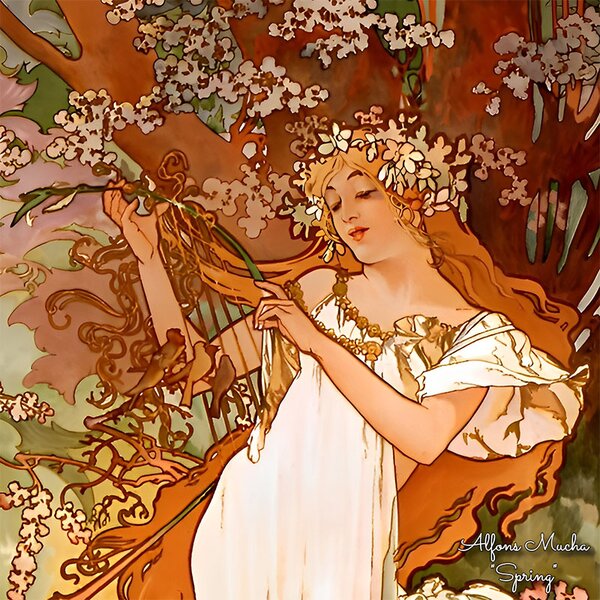 PAOLA RIVELLI Šatka, 90x90 cm Alfons Mucha Štyri ročné obdobia Jar (Krásna šatka v originálnom darčekovom baleni z úplne novej kolekcie The Divine Collection značky Paola Rivelli. - Uvádzacia zľava -28%. Nenechajte si ujsť!)