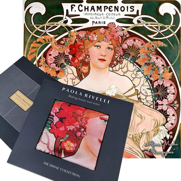 PAOLA RIVELLI Šatka, 90x90 cm Alfons Mucha F. Champenois Imprimeur-Éditeu (Krásna šatka v originálnom darčekovom baleni z úplne novej kolekcie The Divine Collection značky Paola Rivelli. - Uvádzacia zľava -28%. Nenechajte si ujsť!)