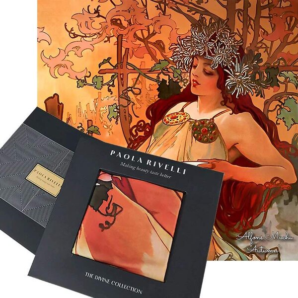 PAOLA RIVELLI Šatka, 90x90 cm Alfons Mucha Štyri ročné obdobia Jeseň (Krásna šatka v originálnom darčekovom baleni z úplne novej kolekcie The Divine Collection značky Paola Rivelli. - Uvádzacia zľava -28%. Nenechajte si ujsť!)