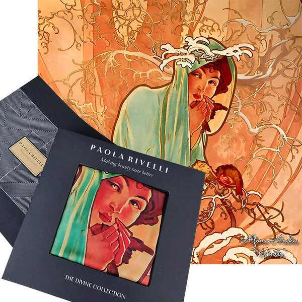 PAOLA RIVELLI Šatka, 90x90 cm Alfons Mucha Štyri ročné obdobia Zima (Krásna šatka v originálnom darčekovom baleni z úplne novej kolekcie The Divine Collection značky Paola Rivelli. - Uvádzacia zľava -28%. Nenechajte si ujsť!)