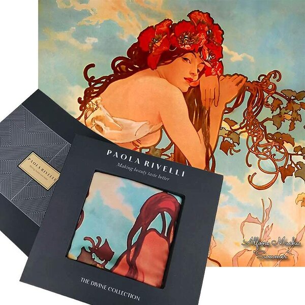 PAOLA RIVELLI Šatka, 90x90 cm Alfons Mucha Štyri ročné obdobia Leto (Krásna šatka v originálnom darčekovom baleni z úplne novej kolekcie The Divine Collection značky Paola Rivelli. - Uvádzacia zľava -28%. Nenechajte si ujsť!)