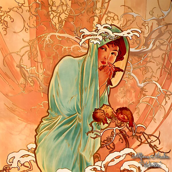 PAOLA RIVELLI Šatka, 90x90 cm Alfons Mucha Štyri ročné obdobia Zima (Krásna šatka v originálnom darčekovom baleni z úplne novej kolekcie The Divine Collection značky Paola Rivelli. - Uvádzacia zľava -28%. Nenechajte si ujsť!)