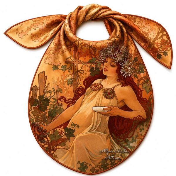 PAOLA RIVELLI Šatka, 90x90 cm Alfons Mucha Štyri ročné obdobia Jeseň (Krásna šatka v originálnom darčekovom baleni z úplne novej kolekcie The Divine Collection značky Paola Rivelli. - Uvádzacia zľava -28%. Nenechajte si ujsť!)