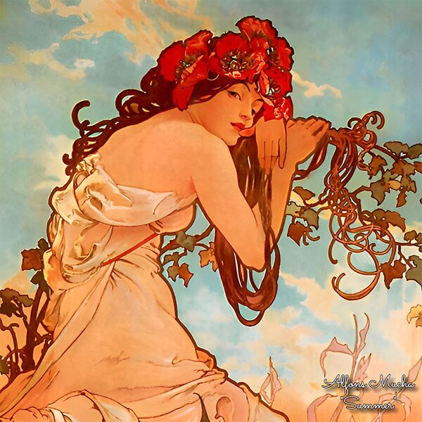 PAOLA RIVELLI Šatka, 90x90 cm Alfons Mucha Štyri ročné obdobia Leto (Krásna šatka v originálnom darčekovom baleni z úplne novej kolekcie The Divine Collection značky Paola Rivelli. - Uvádzacia zľava -28%. Nenechajte si ujsť!)