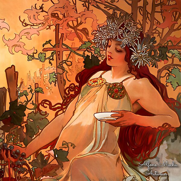 PAOLA RIVELLI Šatka, 90x90 cm Alfons Mucha Štyri ročné obdobia Jeseň (Krásna šatka v originálnom darčekovom baleni z úplne novej kolekcie The Divine Collection značky Paola Rivelli. - Uvádzacia zľava -28%. Nenechajte si ujsť!)