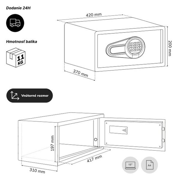 Hotelový trezor elektronický s kódovým zámkom, na notebook 15″ a dokumenty, 200 x420x370 mm: ALFRED