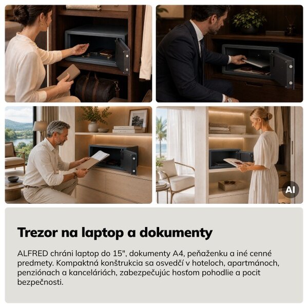 Hotelový trezor elektronický s kódovým zámkom, na notebook 15″ a dokumenty, 200 x420x370 mm: ALFRED