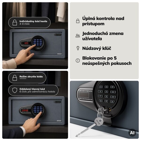 Hotelový trezor elektronický s kódovým zámkom, na notebook 15″ a dokumenty, 200 x420x370 mm: ALFRED