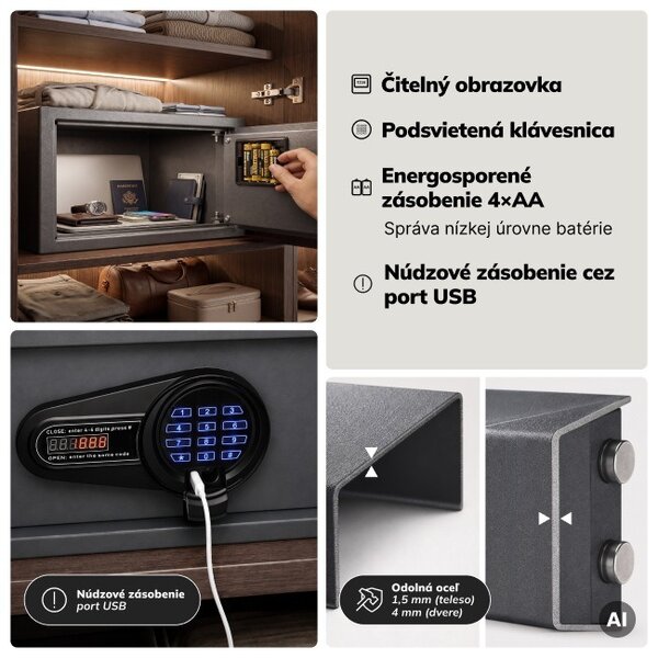 Hotelový trezor elektronický s kódovým zámkom, na notebook 15″ a dokumenty, 200 x420x370 mm: ALFRED