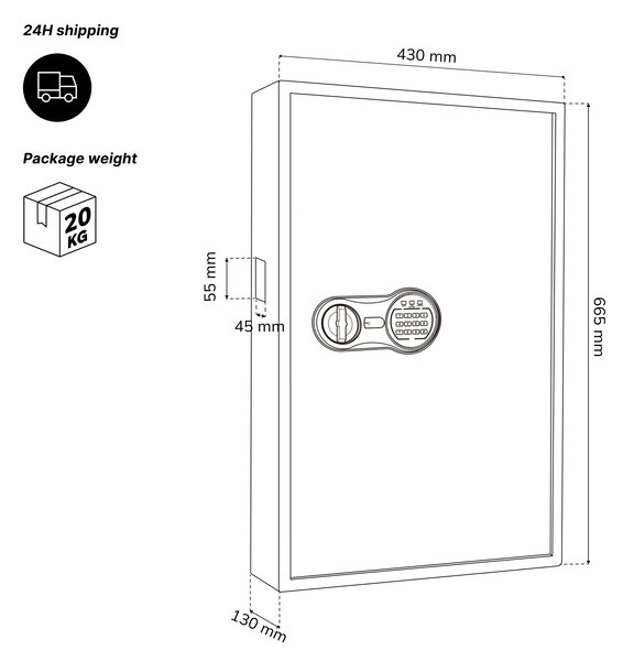 Skrinka na kľúče elektronická s vhadzovaním a kódovým zámkom, na 133 kľúčov, 430x665x130 mm: BRUCE