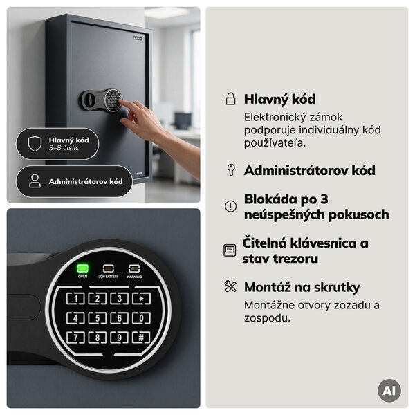 Skrinka na kľúče elektronická s vhadzovaním a kódovým zámkom, na 133 kľúčov, 430x665x130 mm: BRUCE