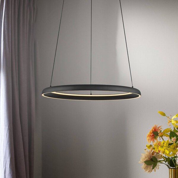 LED závesné svietidlo QUILLO, čierne, Ø 60 cm, kov, Switchdim, Čierna, Obývacia izba / jedáleň, Hliník, Moderný, Závesné svietidlo