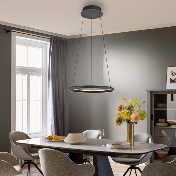 LED závesné svietidlo QUILLO, čierne, Ø 60 cm, kov, Switchdim, Čierna, Obývacia izba / jedáleň, Hliník, Moderný, Závesné svietidlo