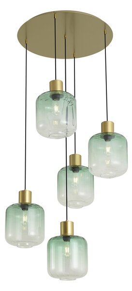Hotelová elegantná závesná lampa mosadzná s modrým a zeleným sklom 5-svetiel - Qara