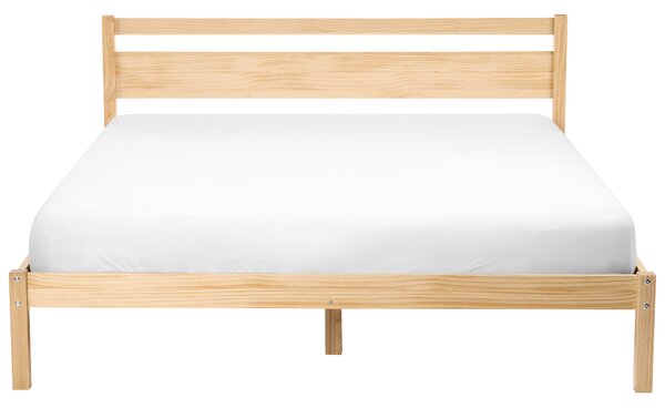 Posteľ svetlohnedá borovicové drevo 160 x 200 cm s čelom a lamelovým roštom minimalistický škandinávsky štýl spálňa