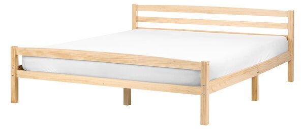 Posteľ svetlohnedá borovicové drevo 140 x 200 cm s čelom a lamelovým roštom minimalistický škandinávsky štýl spálňa
