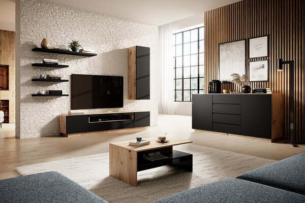 TV stolík Loftia 200 cm s otvorenou policou - dub artisan / čierny mat
