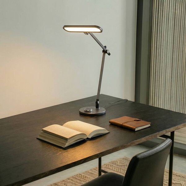 Stolná LED lampa Lindby Elvir, sivá, hliník, výška 53 cm,, Hliník / sivá / zinok, Obývacia izba / jedáleň, Hliník, Moderný, Stojacie svietidlo