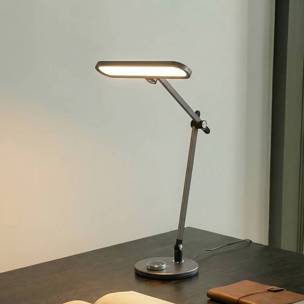 Stolná LED lampa Lindby Elvir, sivá, hliník, výška 53 cm,, Hliník / sivá / zinok, Obývacia izba / jedáleň, Hliník, Moderný, Stojacie svietidlo
