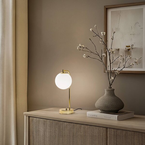 Stolová lampa Rico, sklo/kov, zlatá/biela, výška 36 cm, Mosadz / zlato, Obývacia izba / jedáleň, kov, Moderný, Guľa