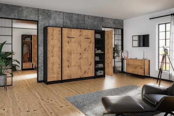 Skriňa Loft S ku vertikálnej sklápacej posteli Basic 60 cm - čierna / dub lancelot