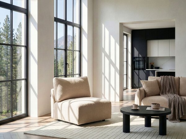 1-miestne modulárne kreslo béžové buklé čalúnenie moderný minimalistický štýl obývacia izba