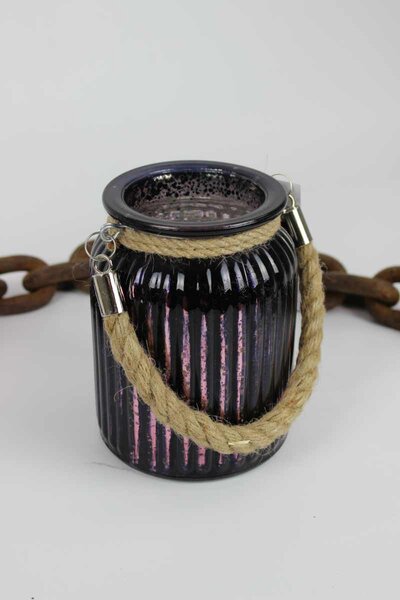 Fialový tmavý sklenený svietnik s lanom 14cm