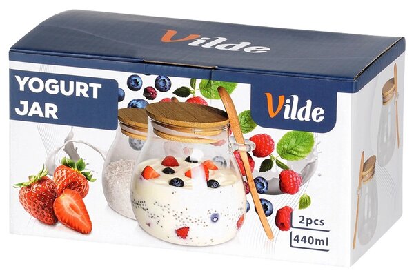 VILDE Sada 2ks pohárov na jogurt / dezert s bambusovým viečkom a lyžicou, 2x440ml