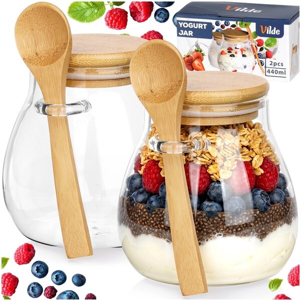 VILDE Sada 2ks pohárov na jogurt / dezert s bambusovým viečkom a lyžicou, 2x440ml