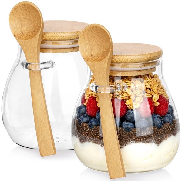 VILDE Sada 2ks pohárov na jogurt / dezert s bambusovým viečkom a lyžicou, 2x440ml