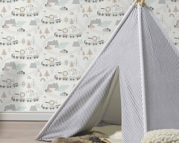 RASCH | Vliesová tapeta na stenu Kids World 2 302332 | 0,53 x 10,05 m | biela, šedá, béžová