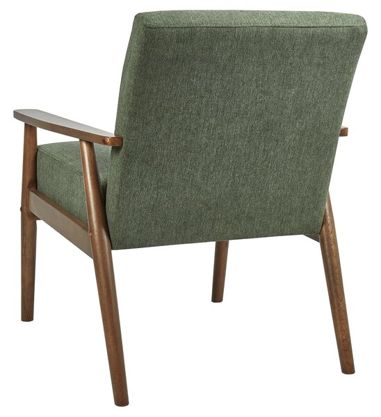 Kreslo zelené látkové čalúnenie polyester retro dizajn tmavé drevené nohy a opierky rúk obývacia izba