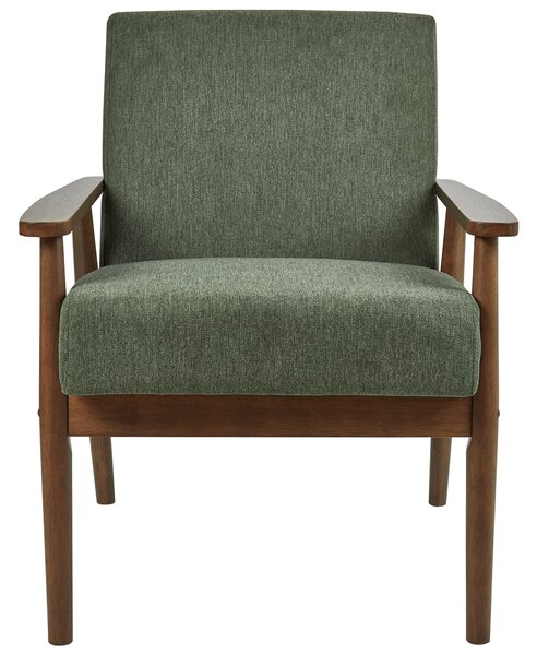 Kreslo zelené látkové čalúnenie polyester retro dizajn tmavé drevené nohy a opierky rúk obývacia izba