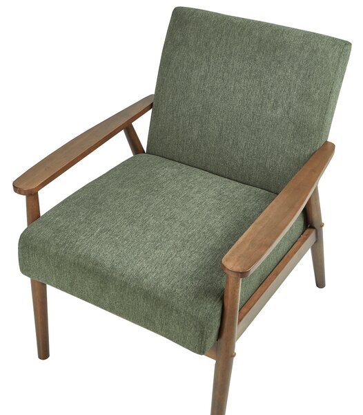 Kreslo zelené látkové čalúnenie polyester retro dizajn tmavé drevené nohy a opierky rúk obývacia izba