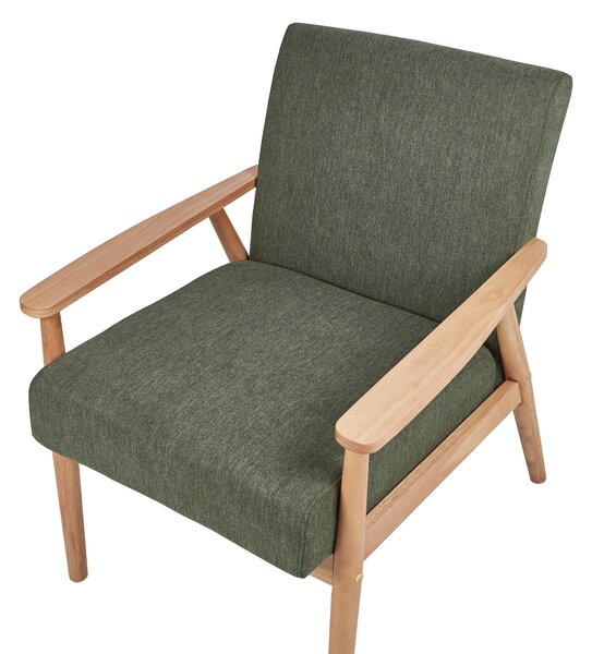 Kreslo zelené látkové čalúnenie polyester retro dizajn svetlé drevené nohy a opierky rúk obývacia izba