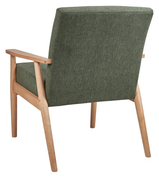 Kreslo zelené látkové čalúnenie polyester retro dizajn svetlé drevené nohy a opierky rúk obývacia izba