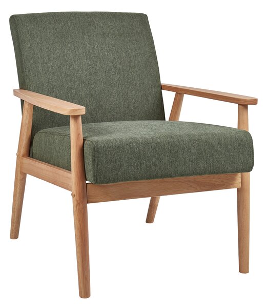 Kreslo zelené látkové čalúnenie polyester retro dizajn svetlé drevené nohy a opierky rúk obývacia izba